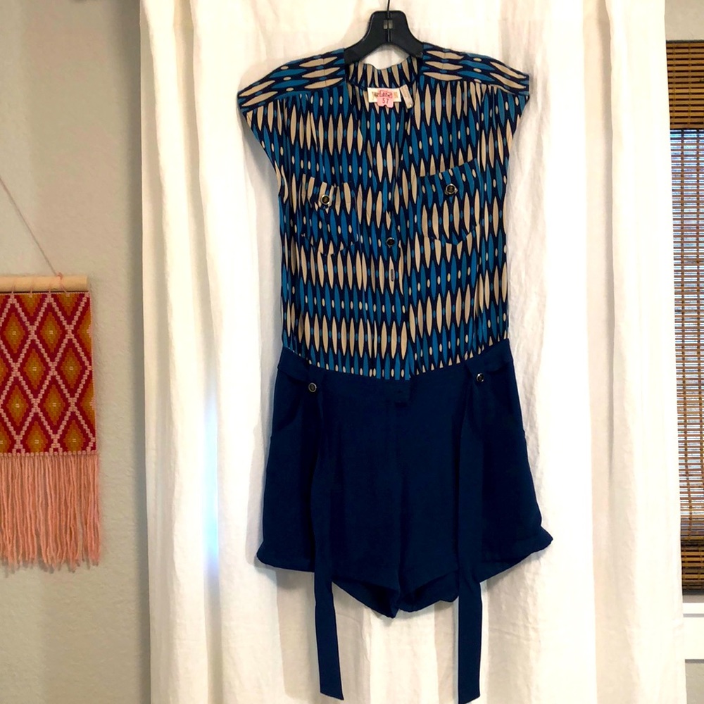 Yumi Kim Blue and Gold Silk Sleeveless Belted Shorts Romper Size Small